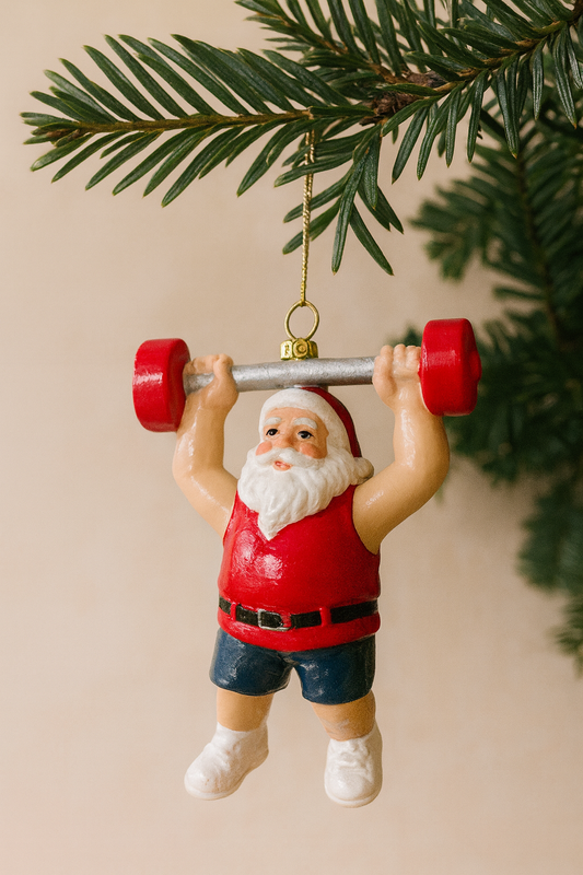 Kerstornament gewichtheffende kerstman